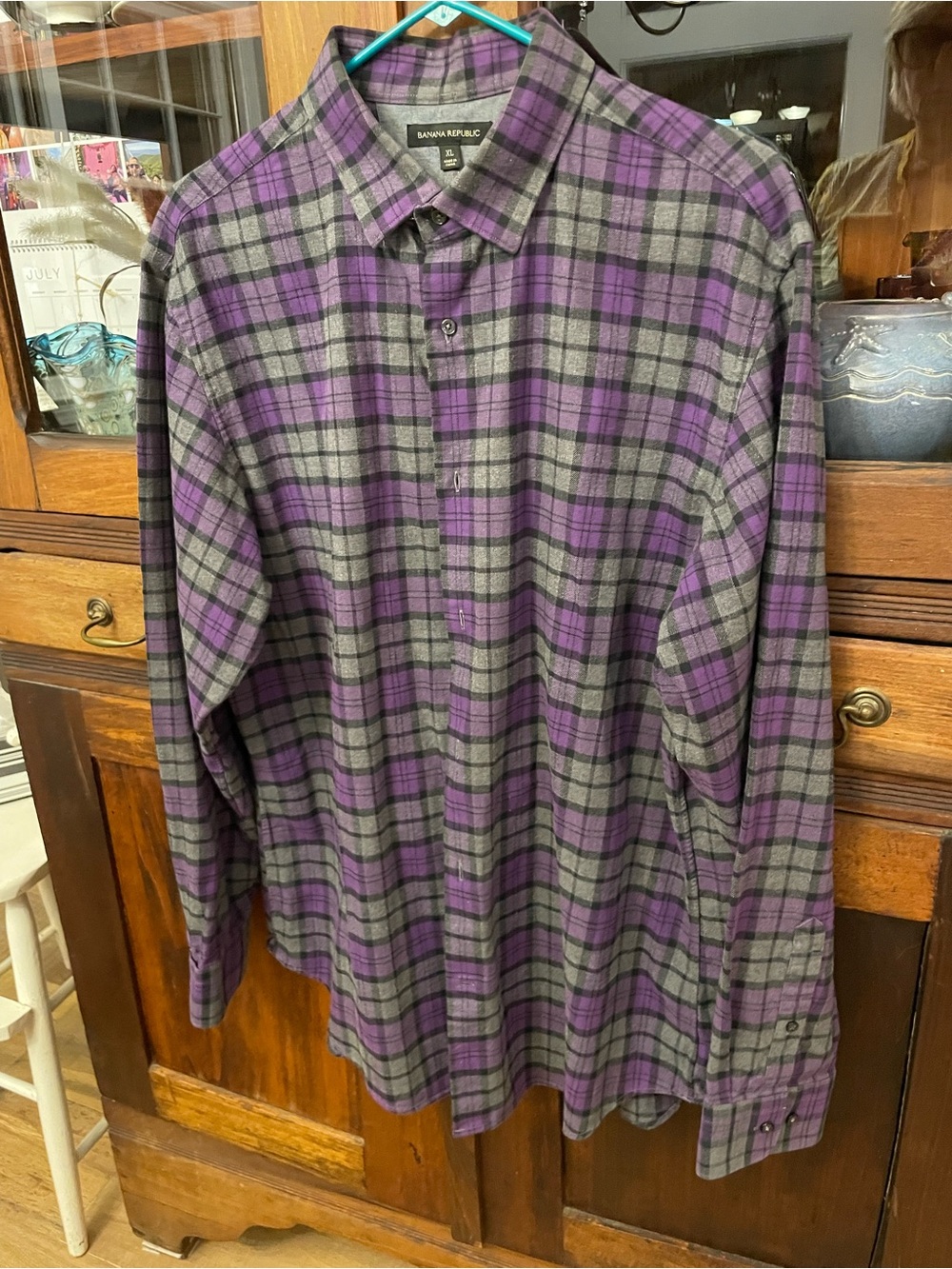 Banana Republic Men’s Purple & Gray Cotton Plaid Button-Up Shirt